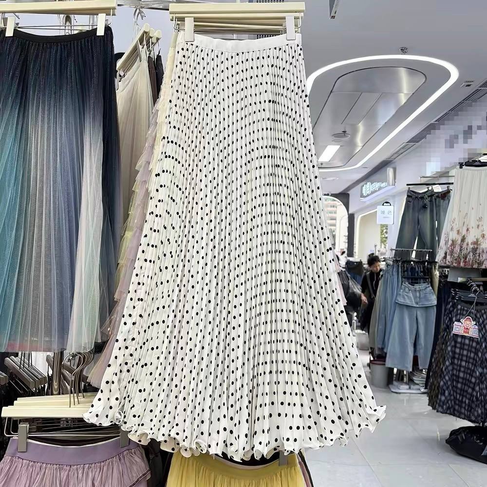 White and black polka dot pleated maxi skirt