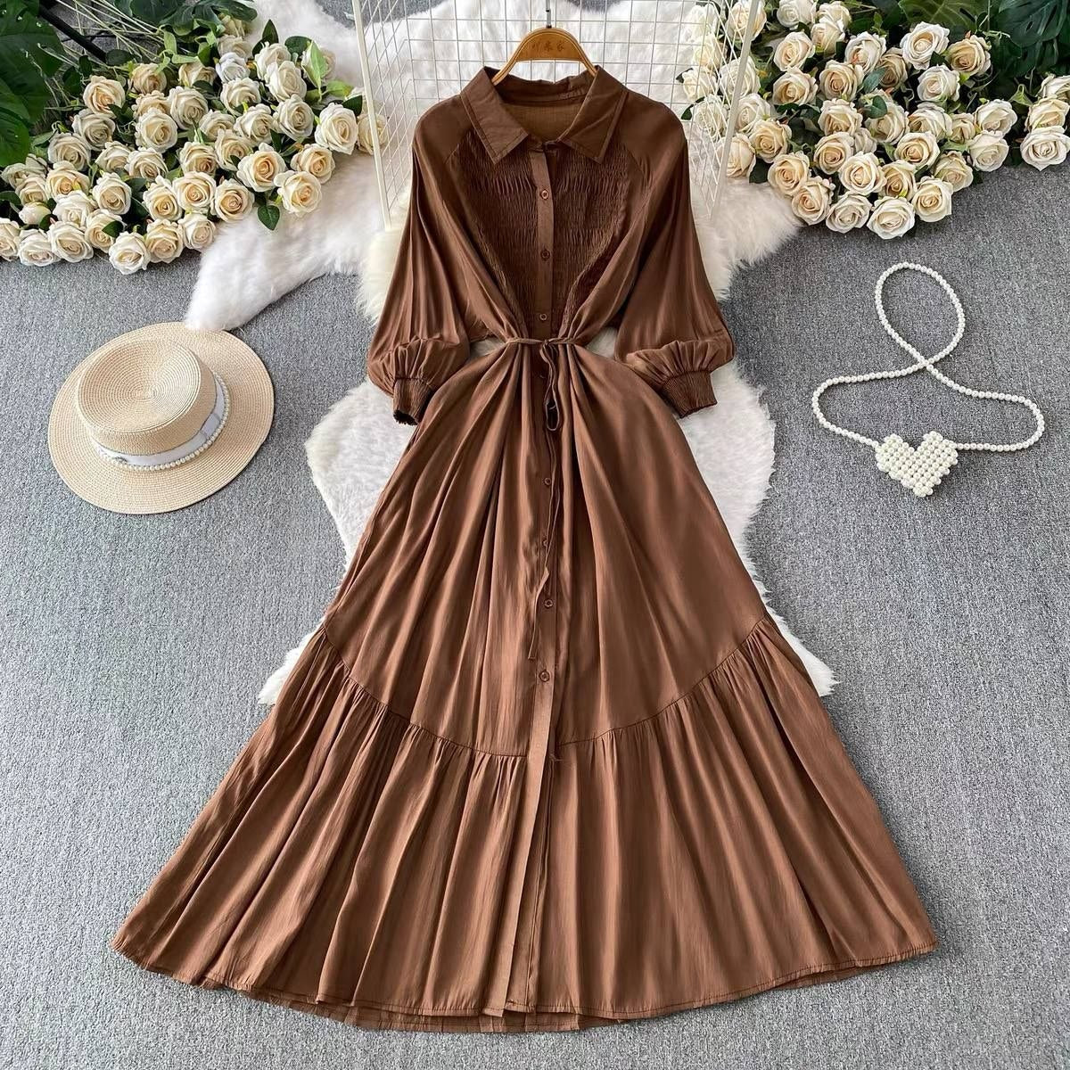 Chic vintage inspired single breasted brown maxi shirt dress