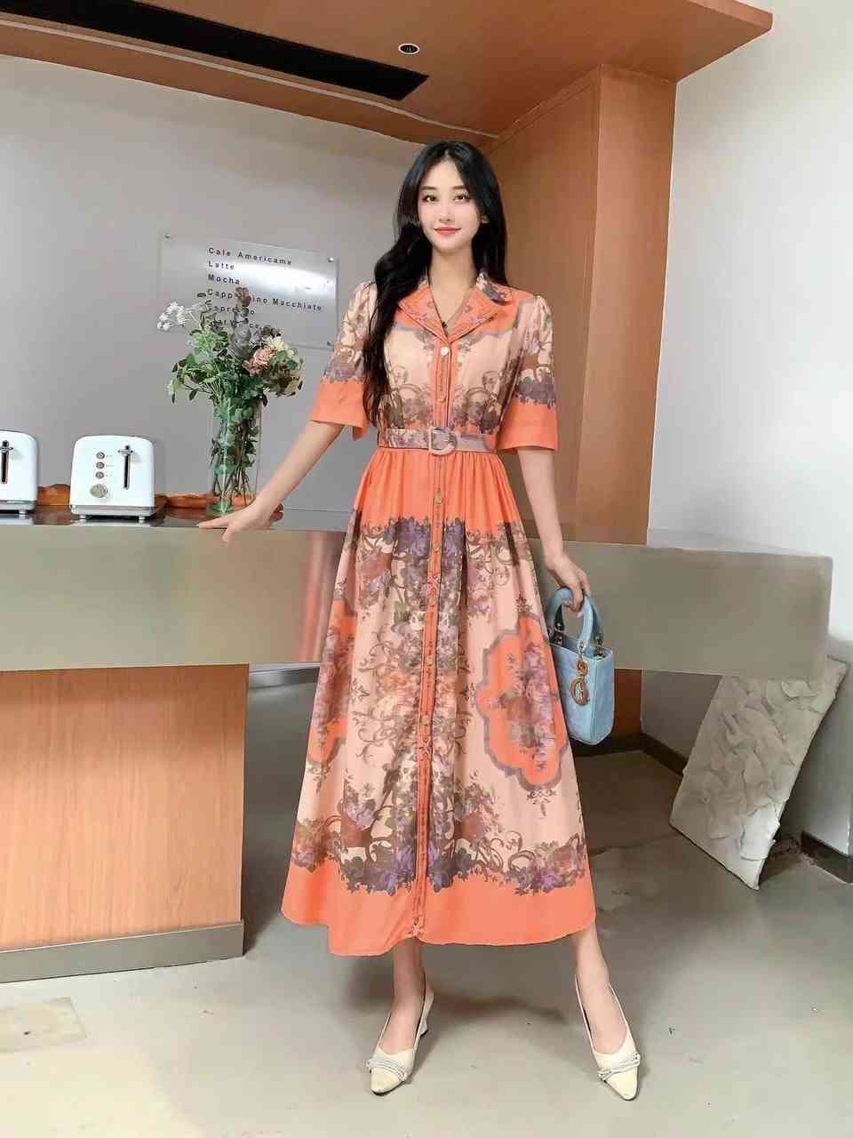 Vintage-style baroque printed maxi shirt dress