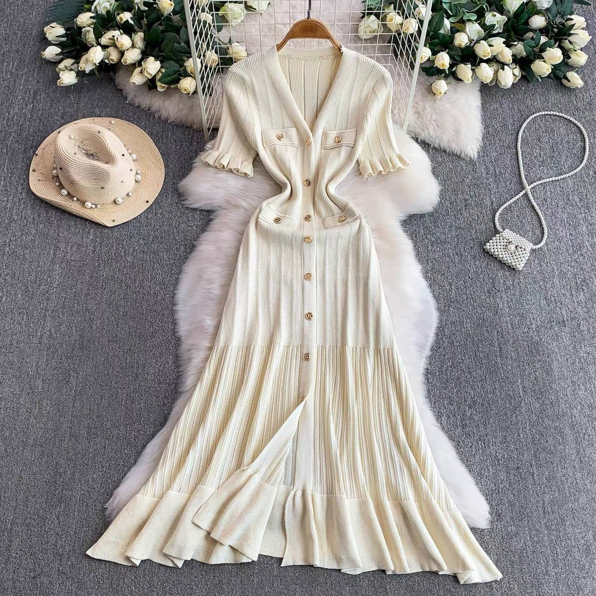 Elegant cream V neck knitted midi dress