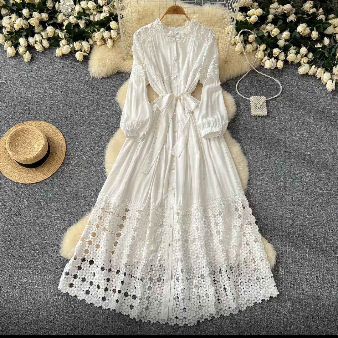 Lace-trimmed long white bohemian maxi dress