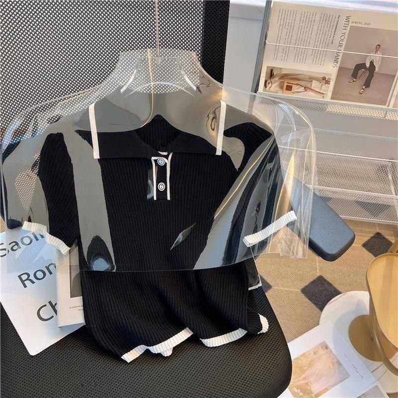 Korean-style ribbed knit cropped polo shirt