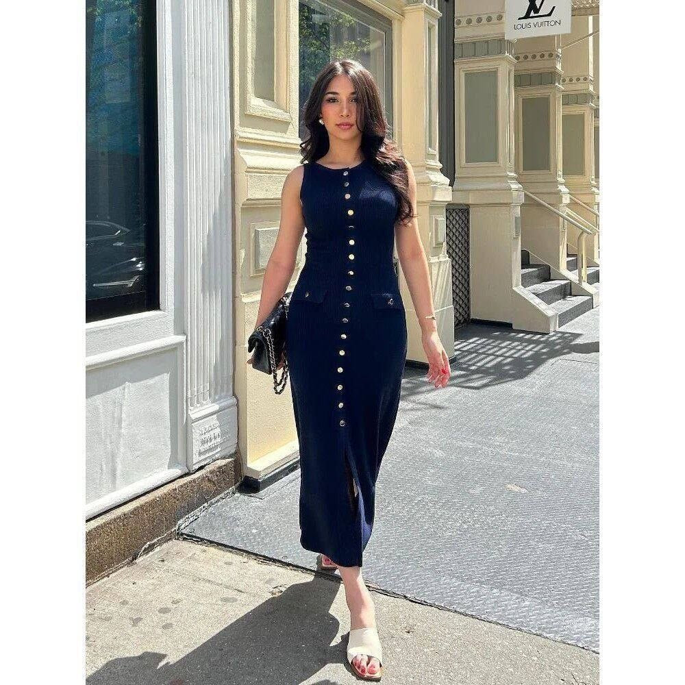 old money aesthetic features a navy blue ribbed knit maxi dress