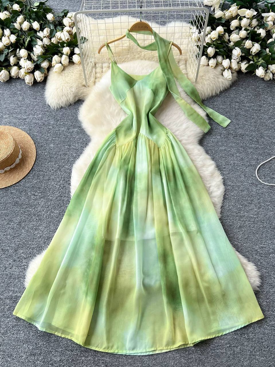 Green Tie-Dye Chiffon Maxi Dress