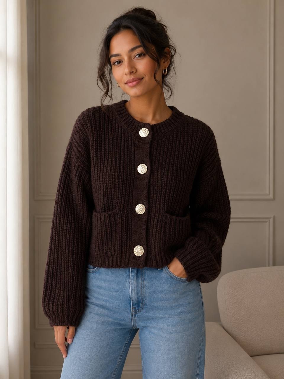 Chocolate brown chunky rib-knit cardigan