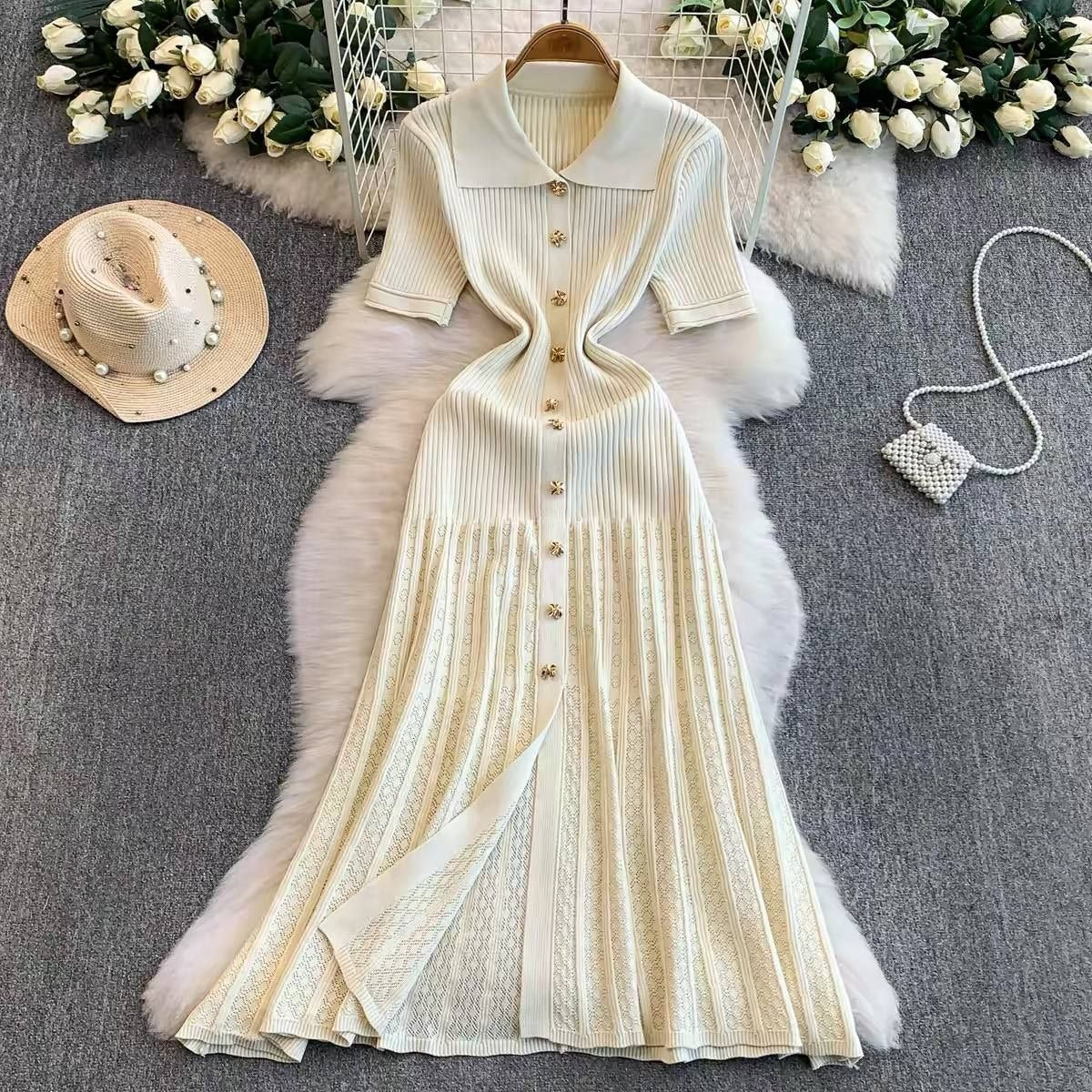 Elegant apricot colored French-style knitted polo dress