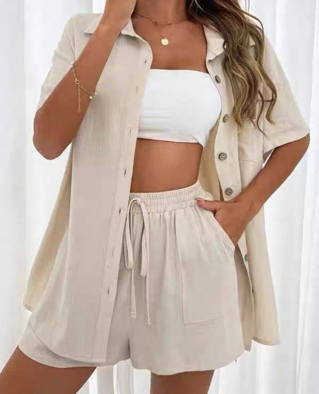 Beige linen-blend shirt and shorts matching set
