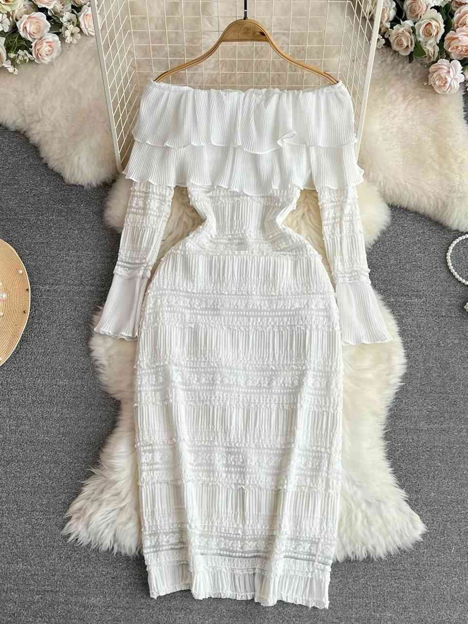 Off the shoulder textured white midi dress