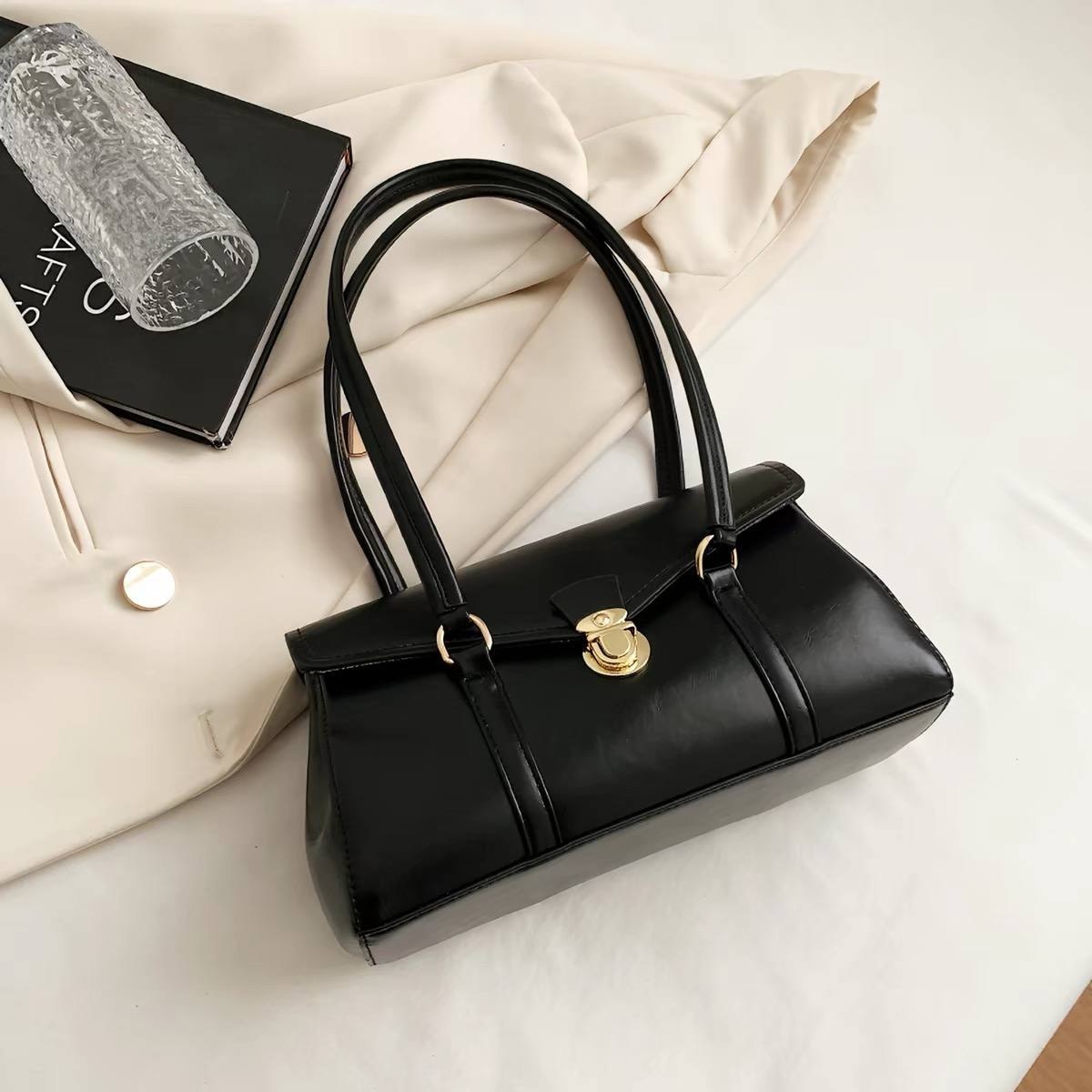 Black faux leather vintage style shoulder bag