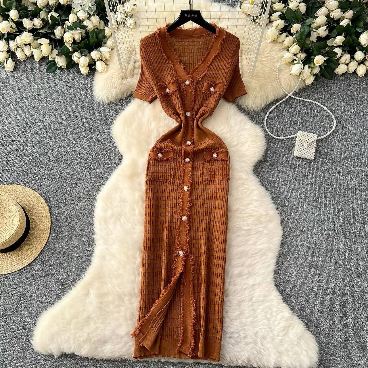 French-style textured knit bodycon midi dress