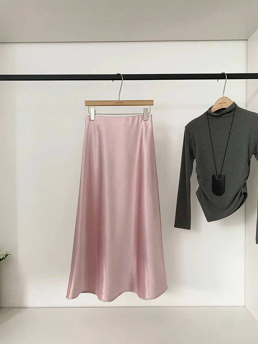 Rose pink satin midi skirt