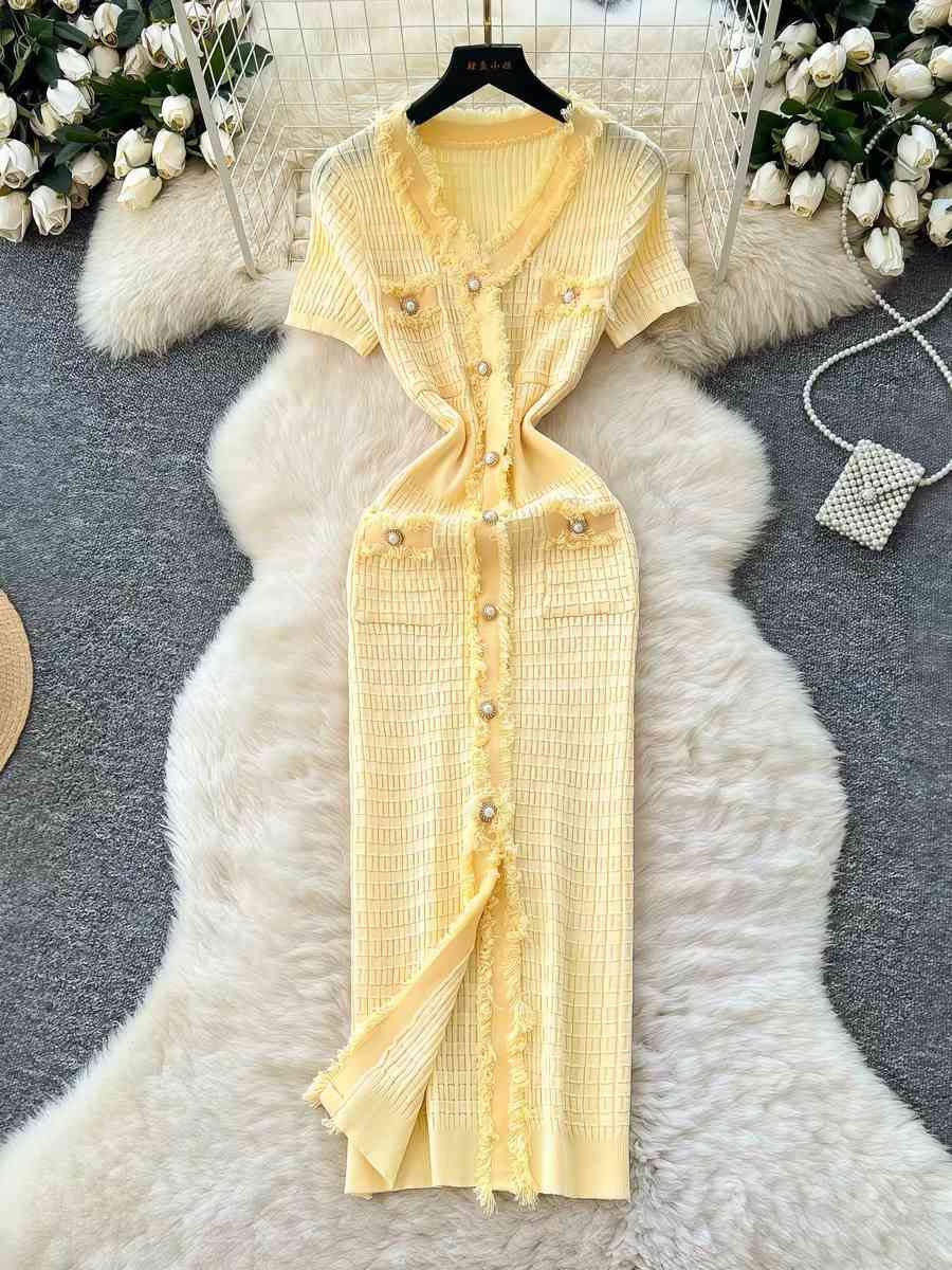French-style retro tweed-textured knit midi dress