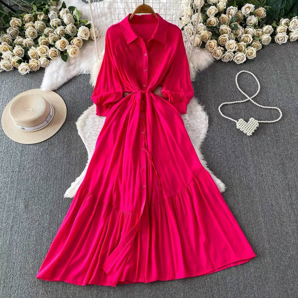 Hot pink vintage style maxi shirt dress