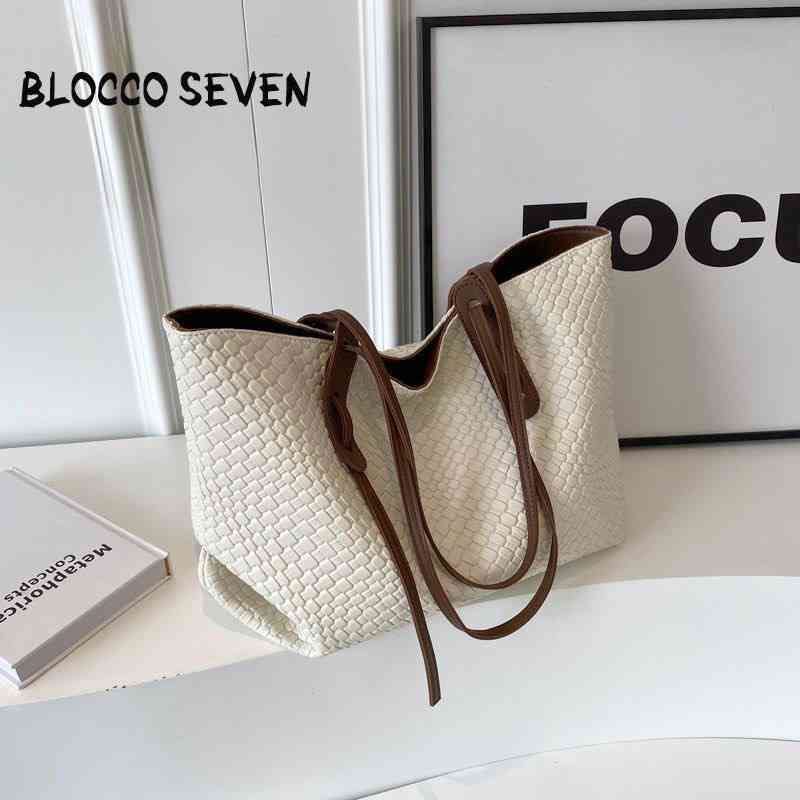 Large-capacity faux leather woven tote bag