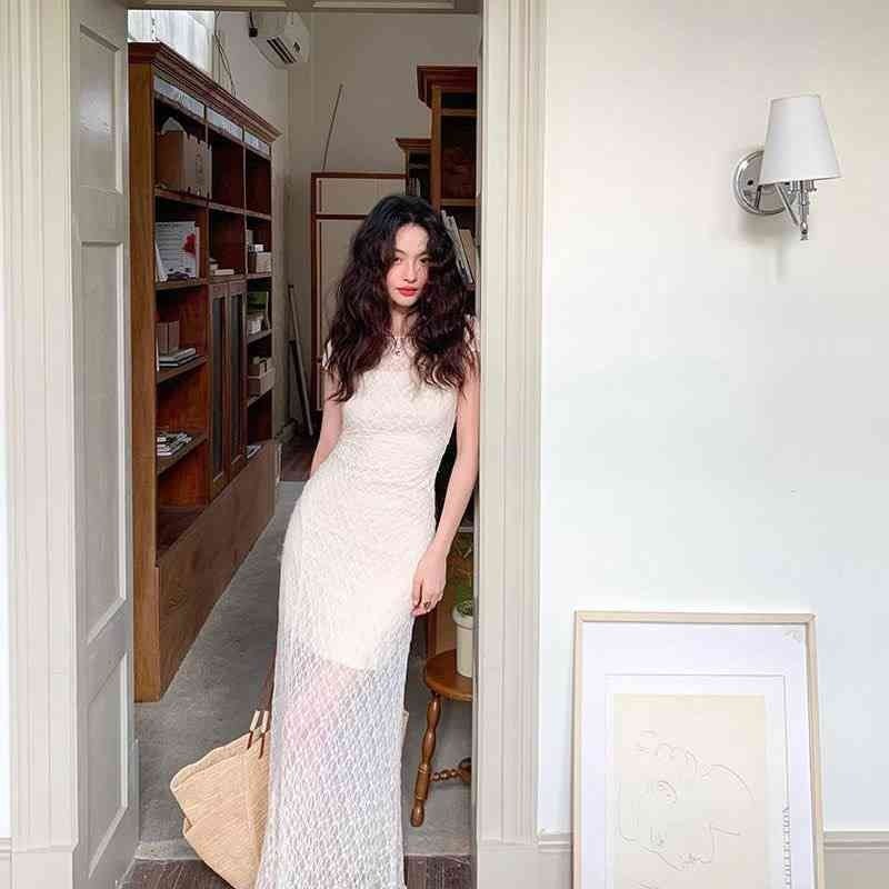 White mesh lace maxi dress