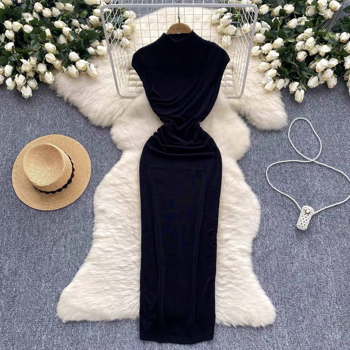 Sleeveless solid burgundy/maroon midi length bodycon dress