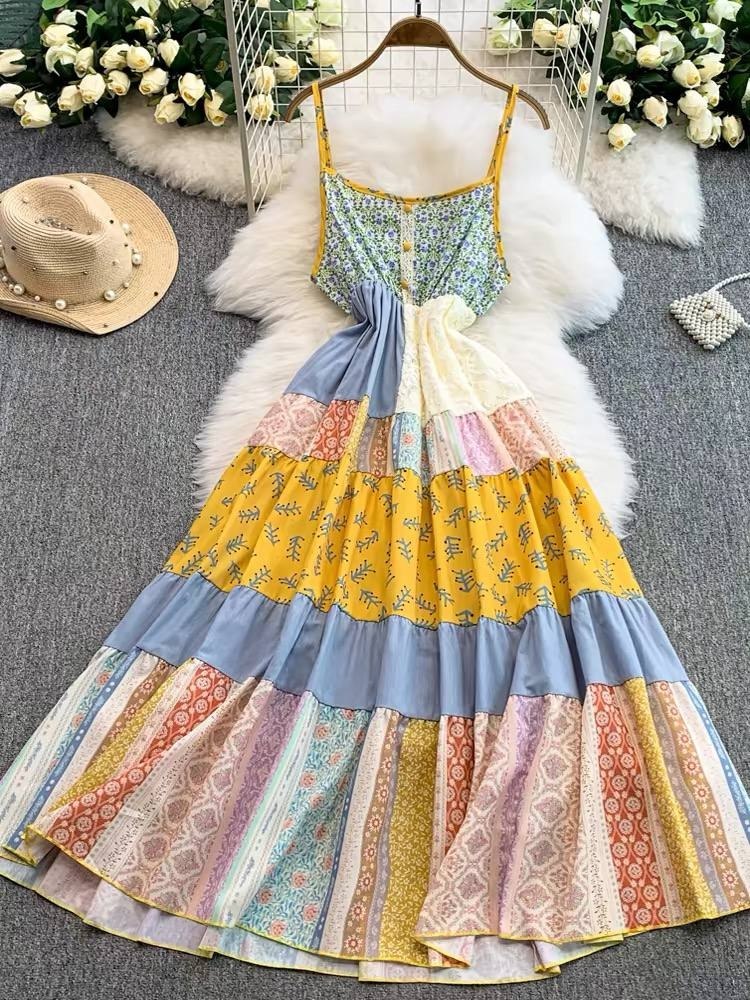 Colorful boho style patchwork spaghetti strap maxi dress