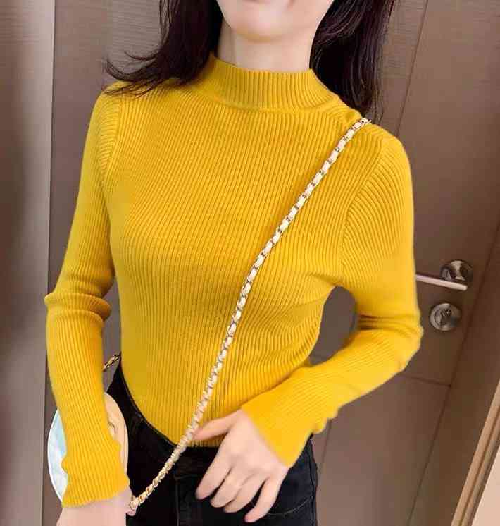 Yellow mock neck ribbed knit pullover sweater