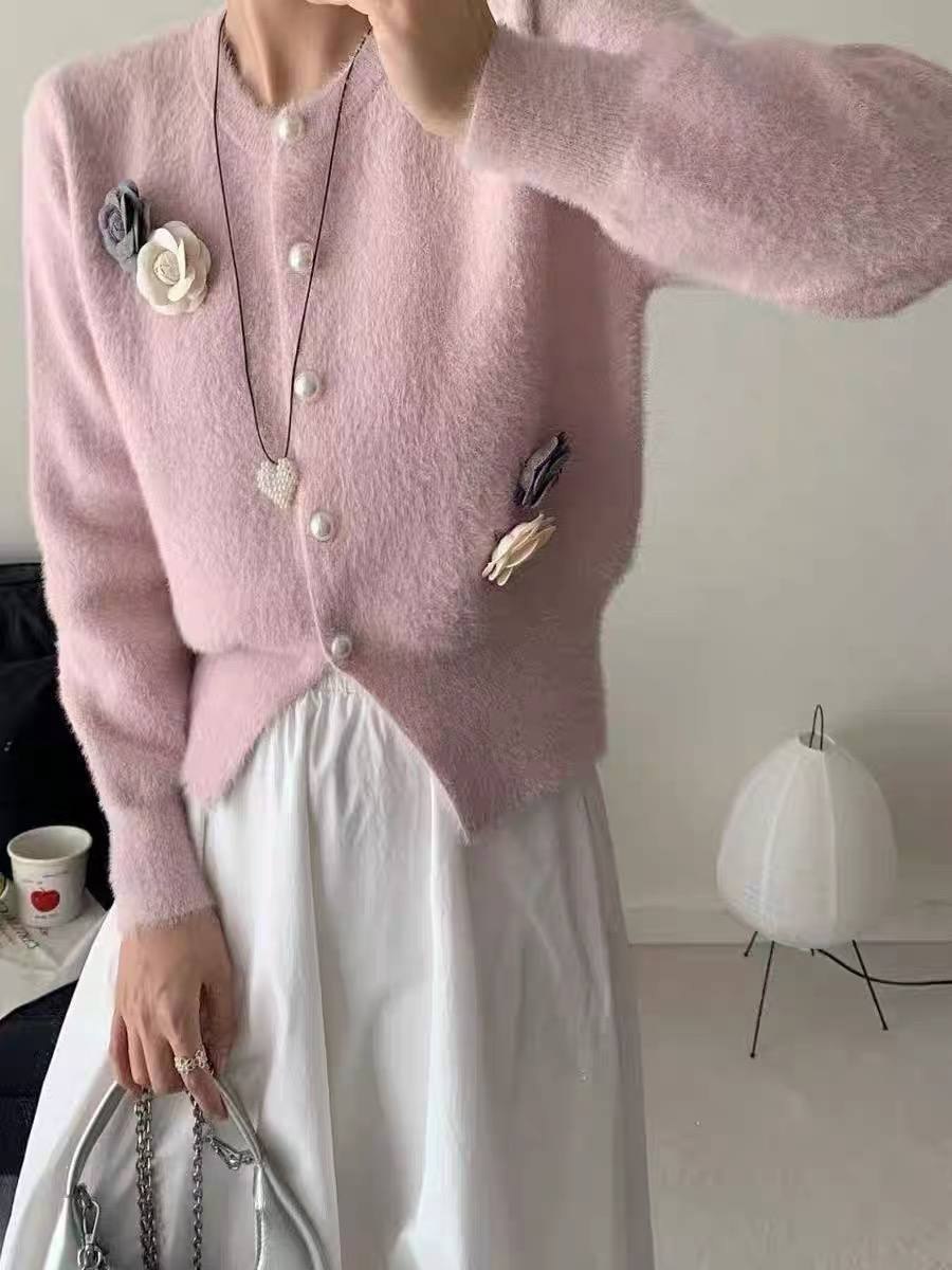 Charming pink fuzzy knit cardigan