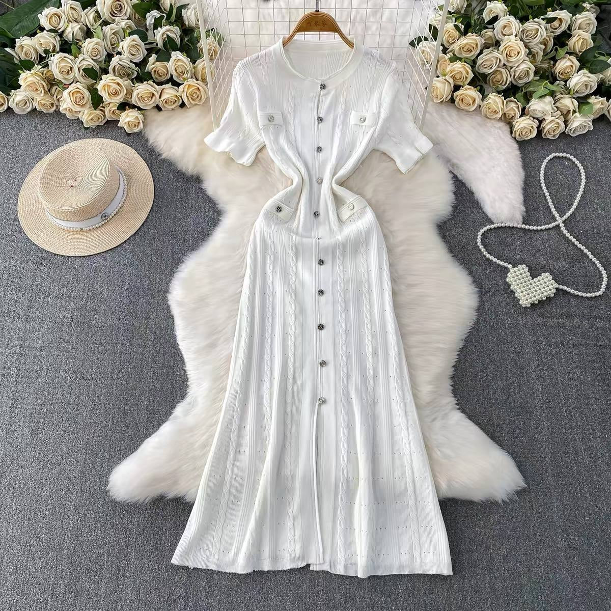 White button front pointelle knit maxi dress