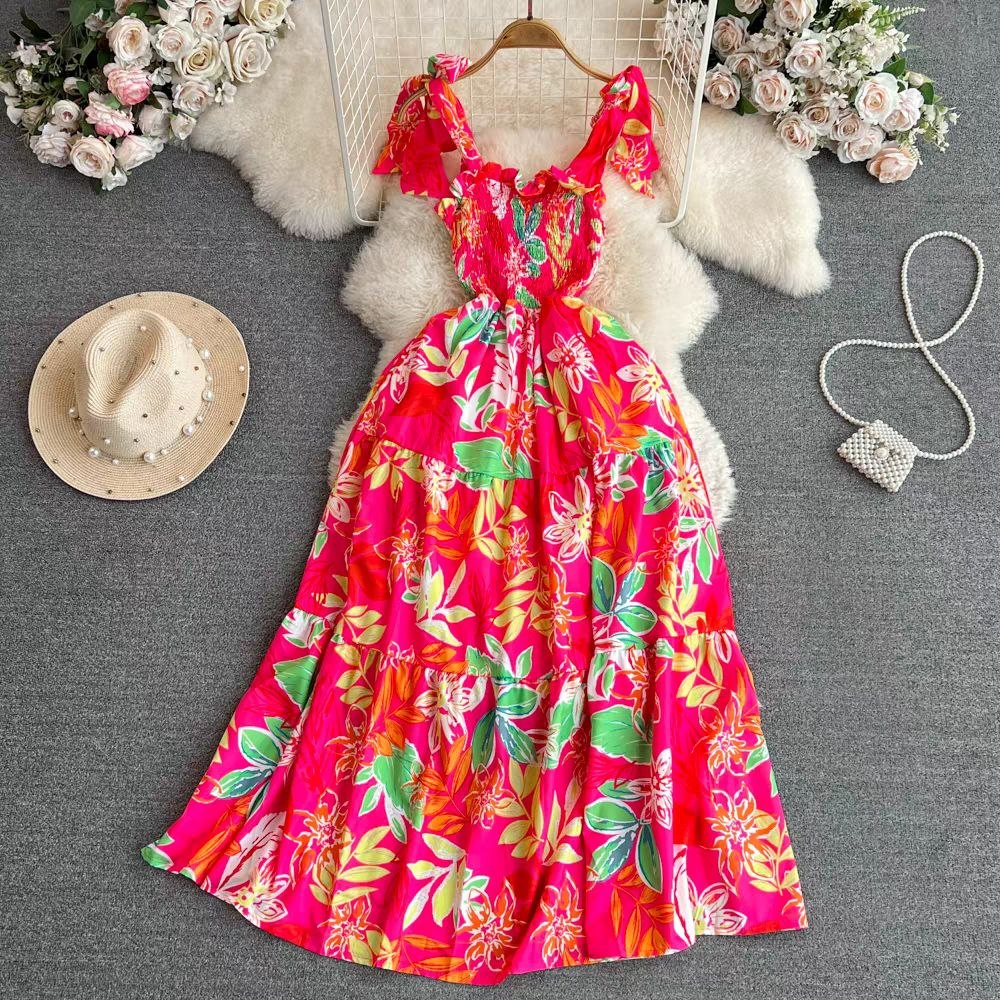 Bohemian-style tropical leaf and flower print dress