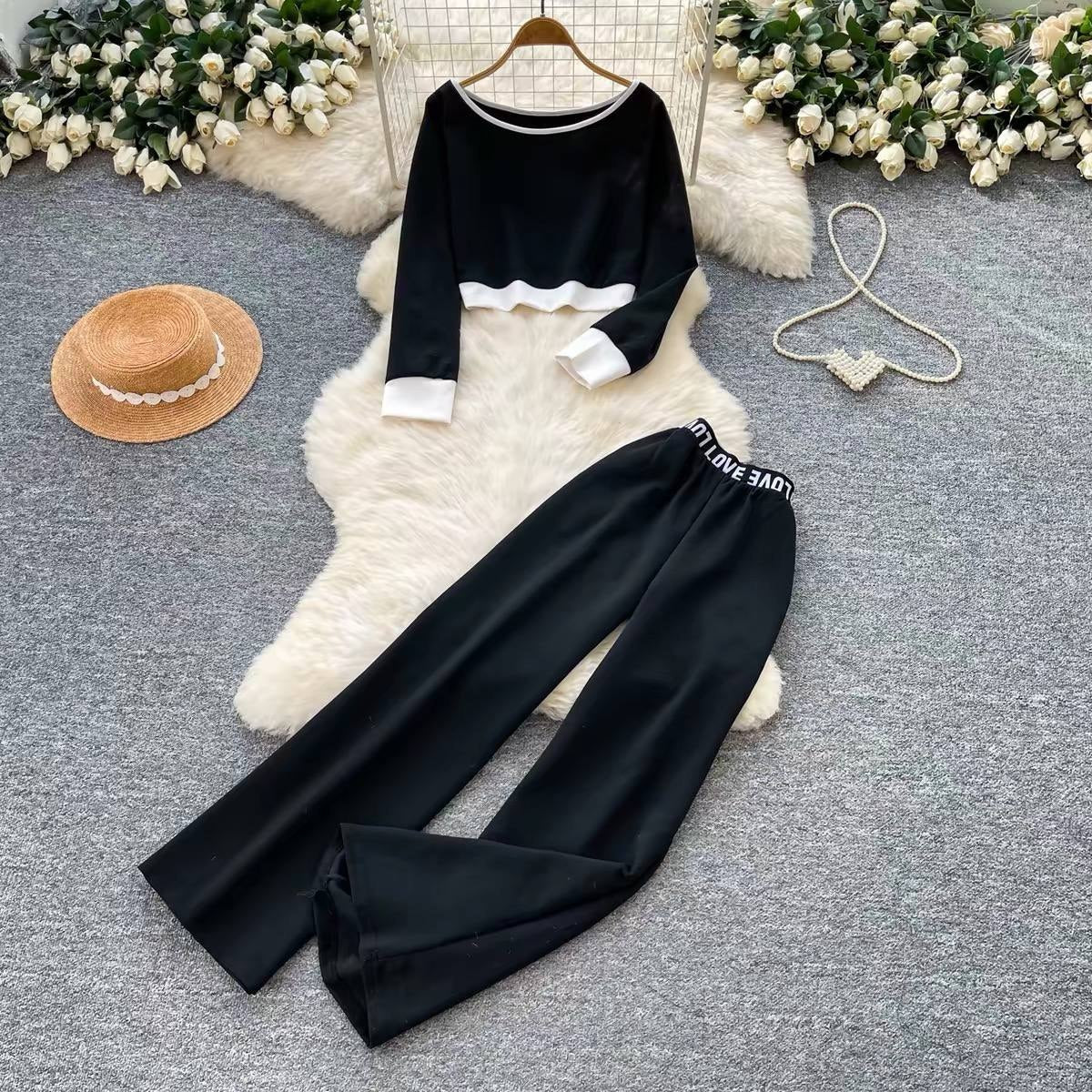 Black and white two piece women's casual knit outfit