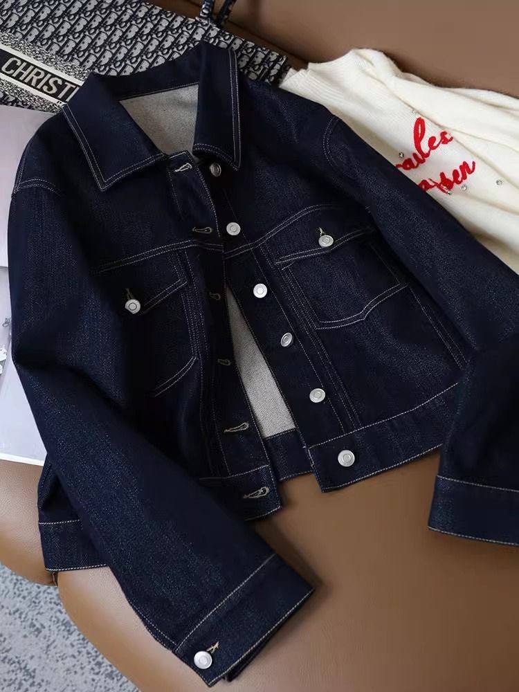 Cropped dark blue raw indigo denim jacket