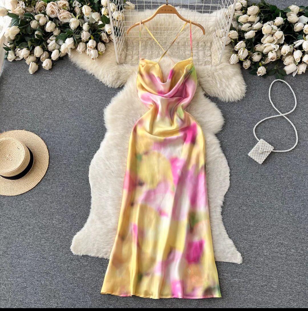 Yellow and pink tie-dye satin midi slip dress
