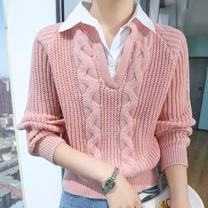 Pink 2-in-1 layered cable-knit sweater
