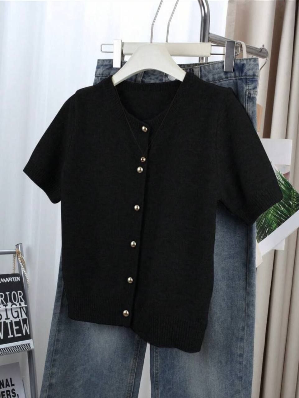 Black short sleeve knit cardigan