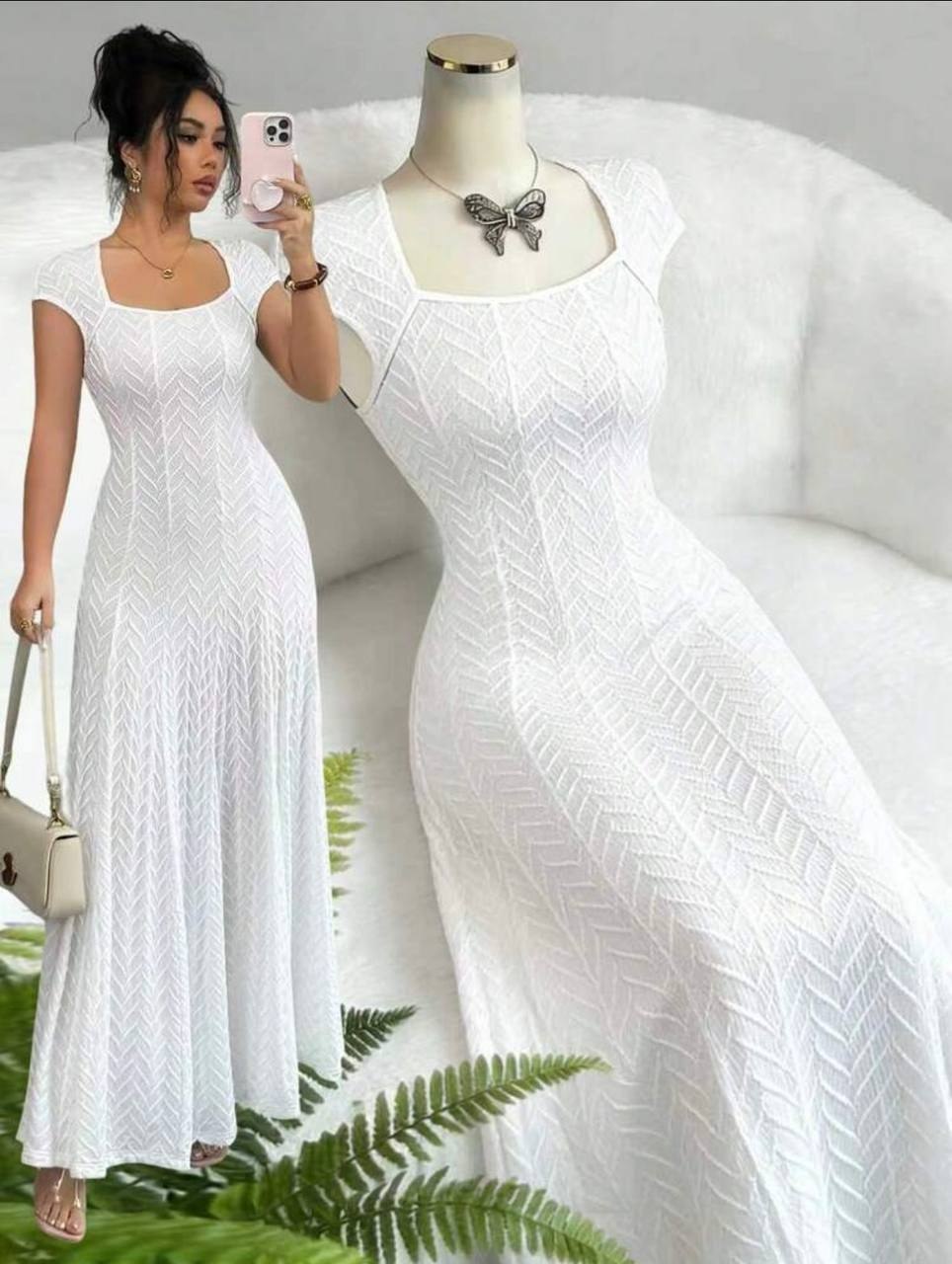 White chevron-textured jacquard maxi dress