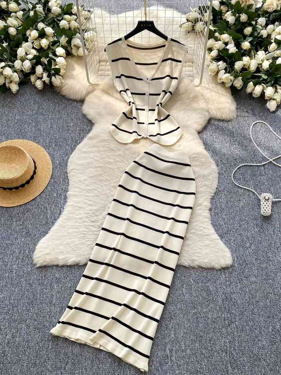 Two piece cream and black striped knit set