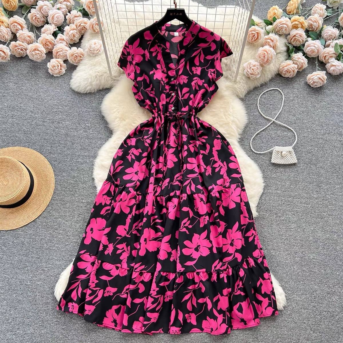 Vibrant pink and black floral maxi dress