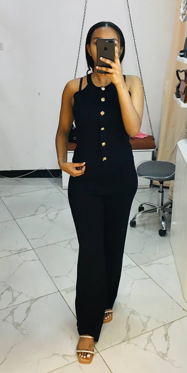 Knit Sleeveless Button-Front Wide-Leg Jumpsuit