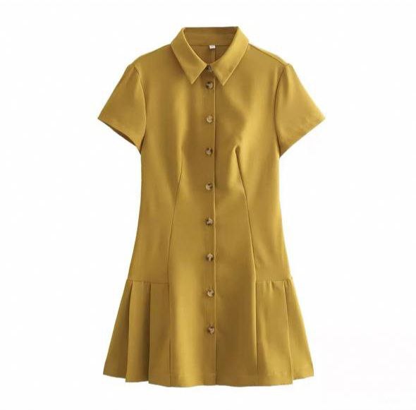 OWEIEYEU Women Short Sleeve Shirt Dress Turn-Down Collar Single Breasted Fitted Waist Side Pleates for Female