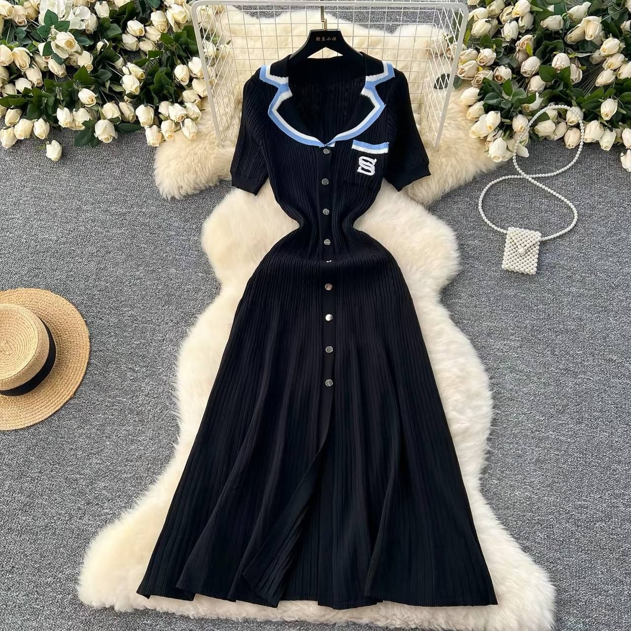 Black ribbed knit maxi/midi dress