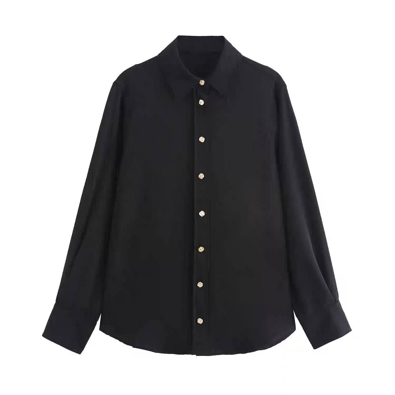 Black satin-effect long-sleeved shirt