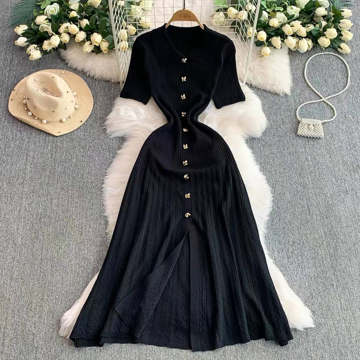 Black ribbed knit A line maxi dress
