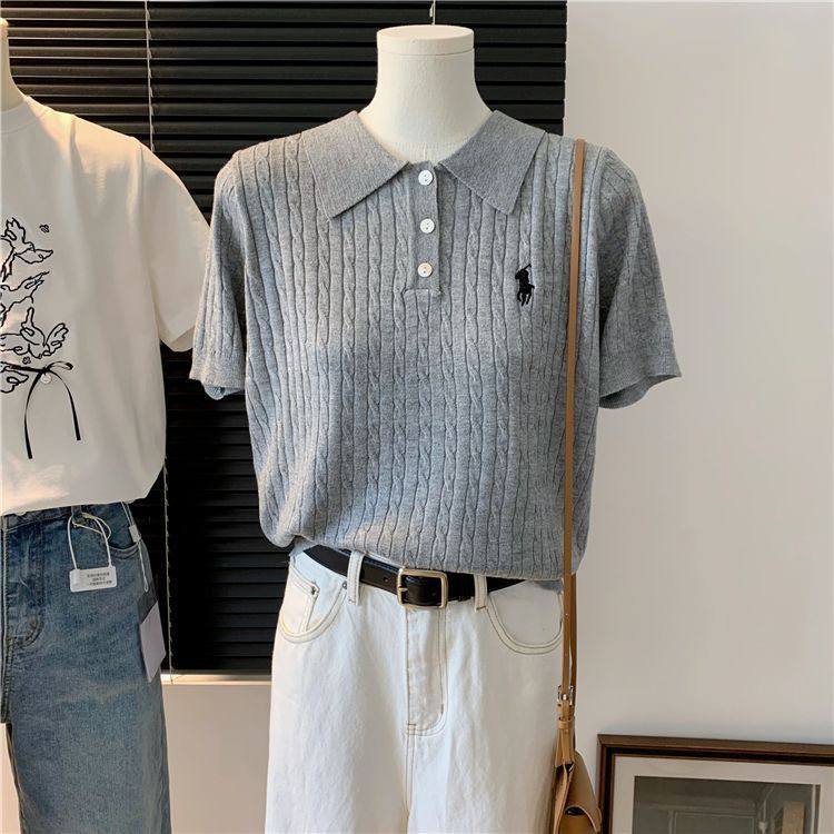 Cable-knit short-sleeve polo shirt