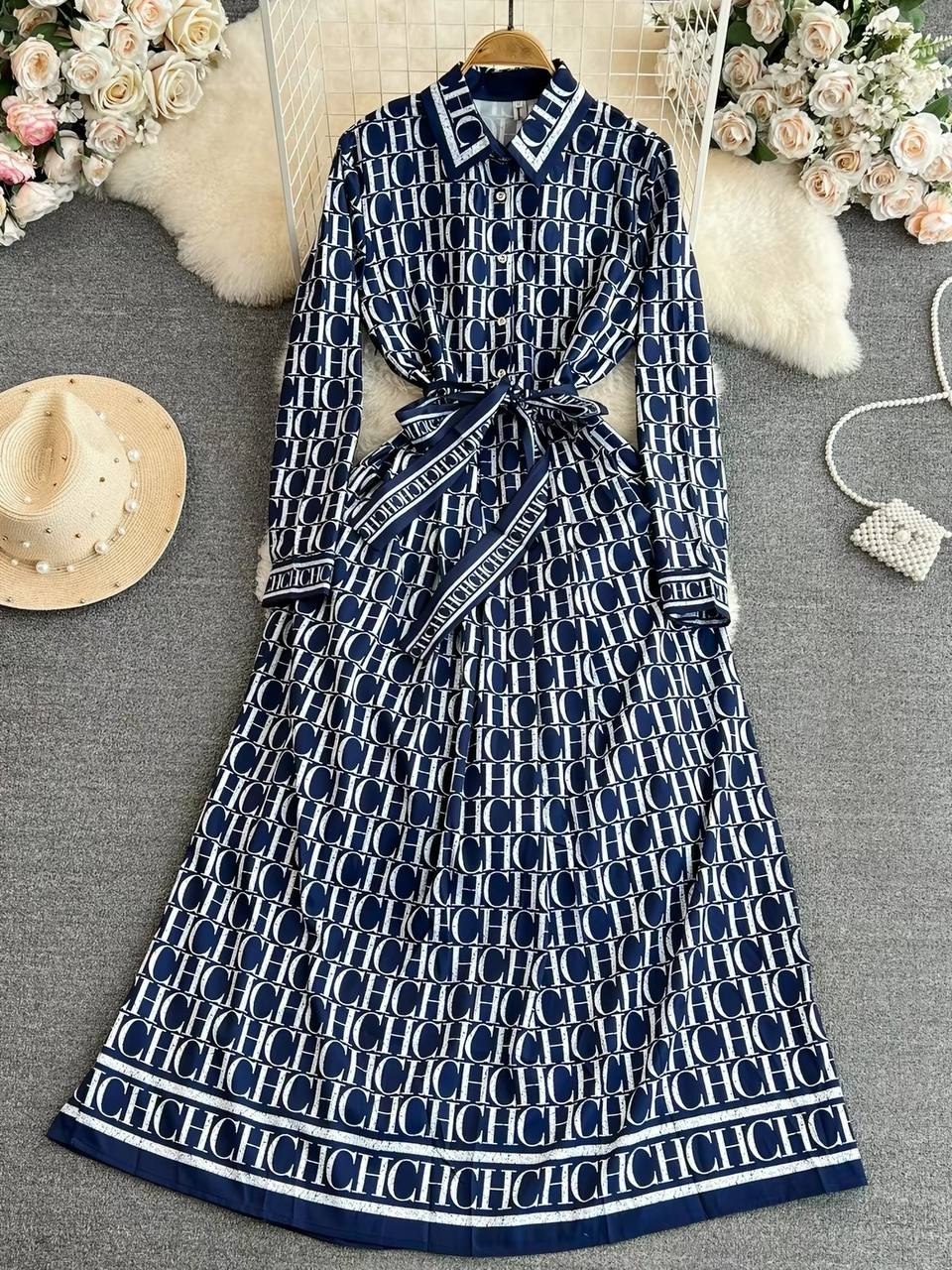 Navy blue monogram print shirt dress