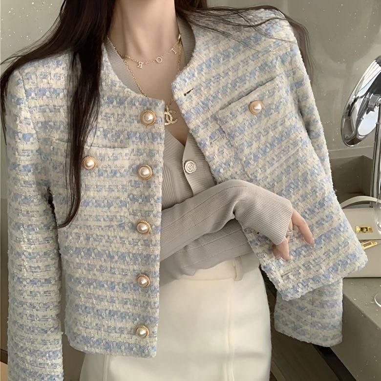 Light blue and white striped, collarless cropped tweed jacket