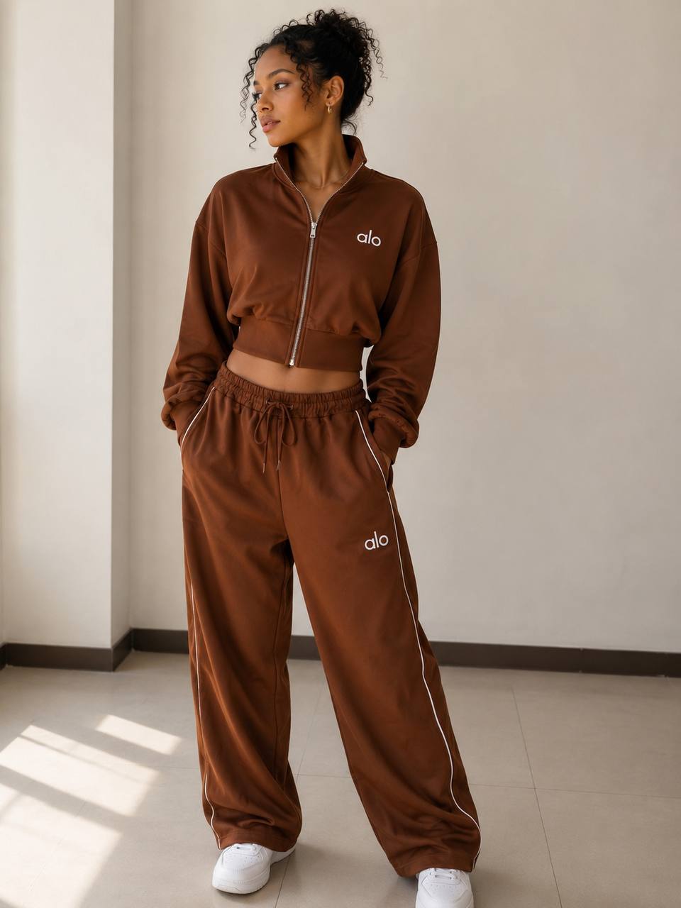 Cropped full zip track jacket in an espresso brown shade