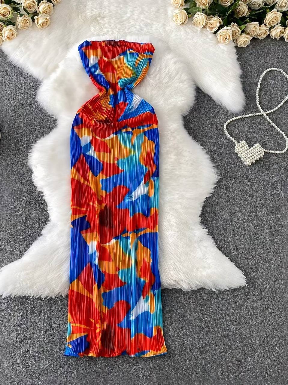 Vibrant strapless pleated maxi dress