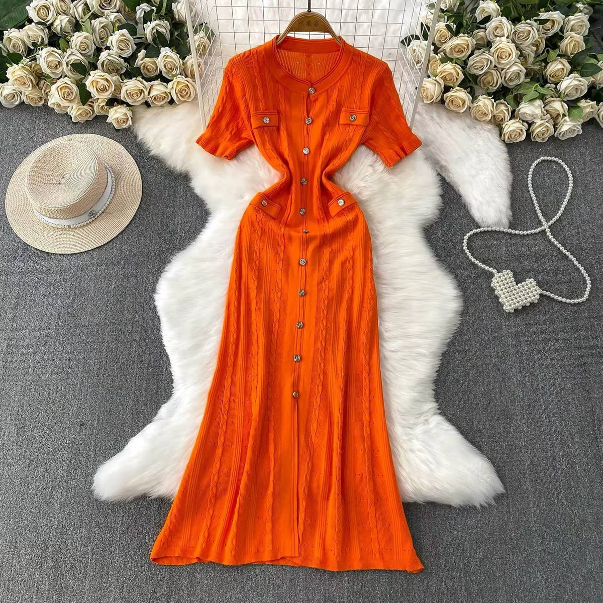 Orange button front pointelle knit maxi dress
