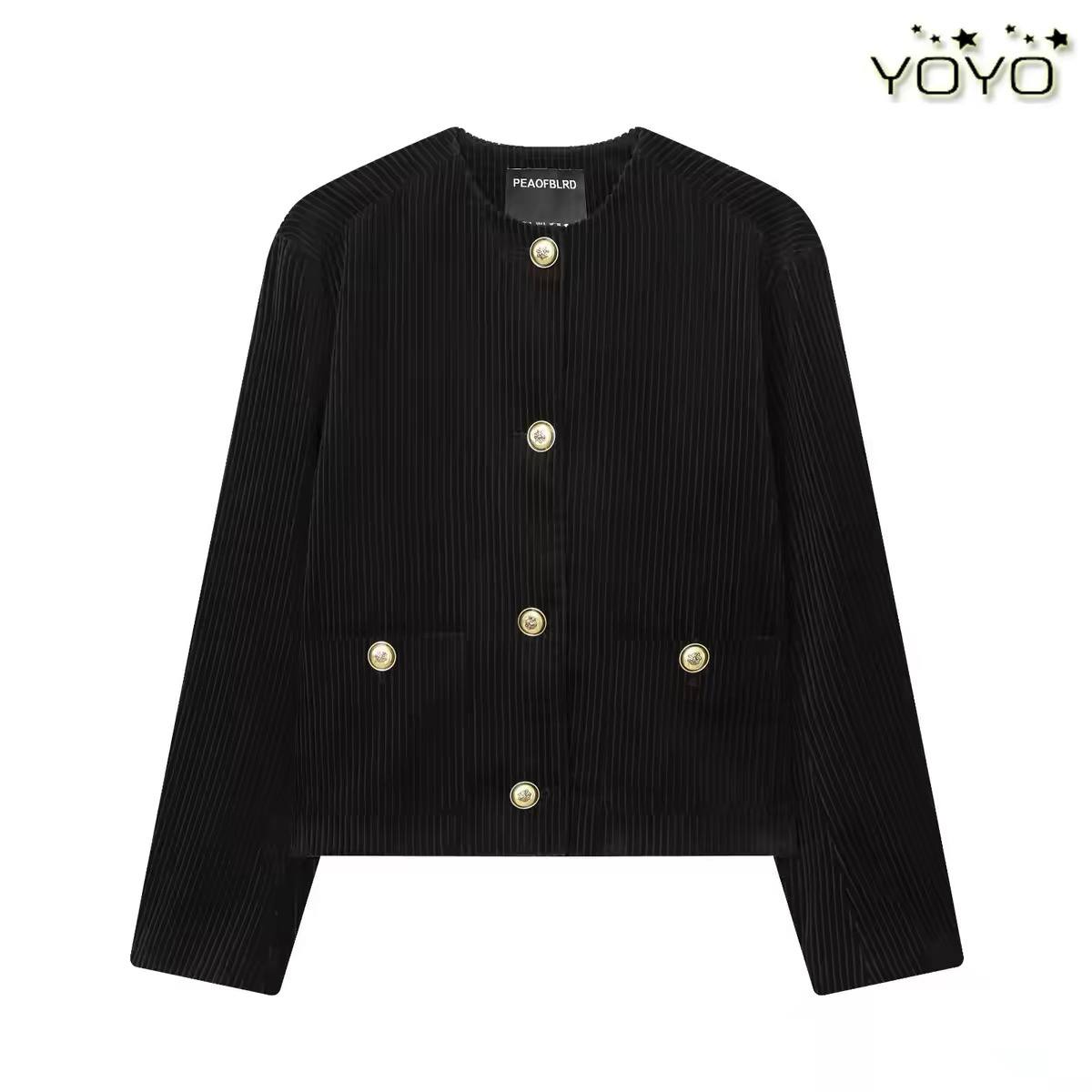 Collarless black corduroy jacket