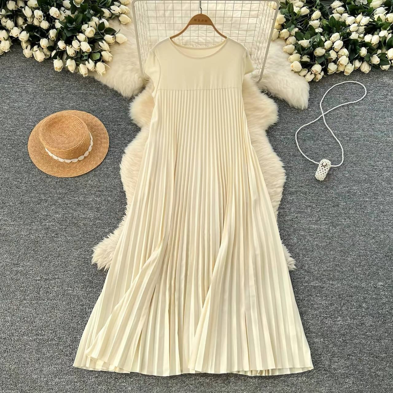 Cream short-sleeve pleated maxi dress