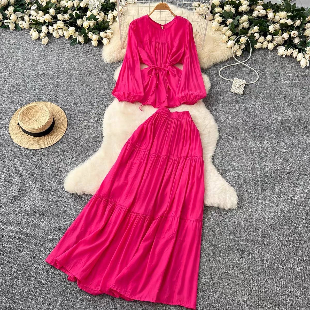 Vibrant hot pink two-piece skirt set