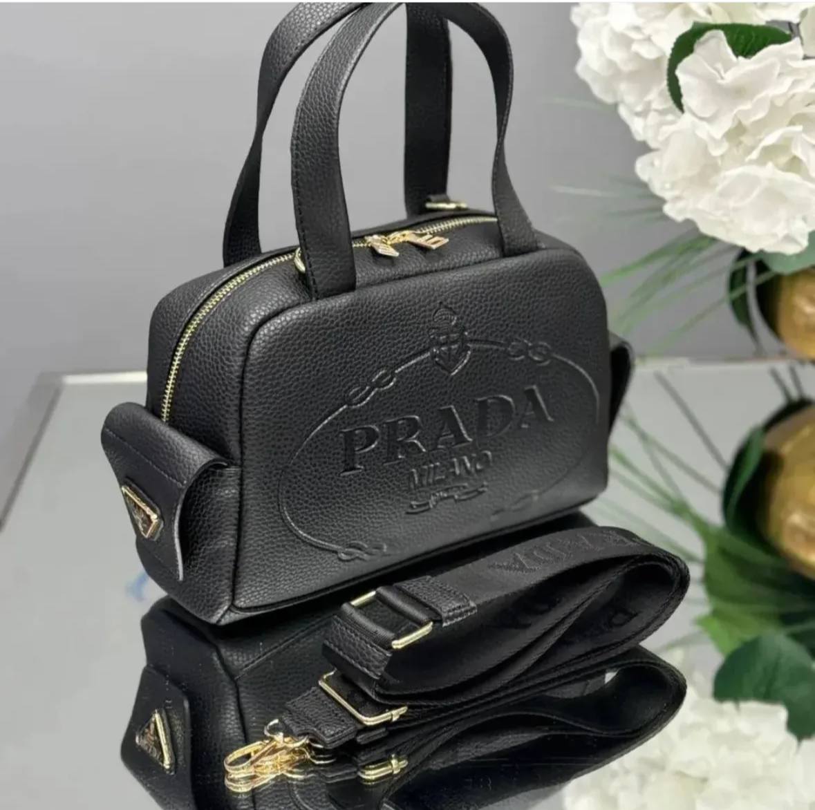 Prada black Boston bowling women 2025 large capacity hand bag