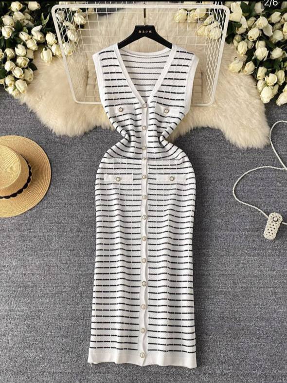 Striped Sleeveless Button-Front Knit Midi Dress