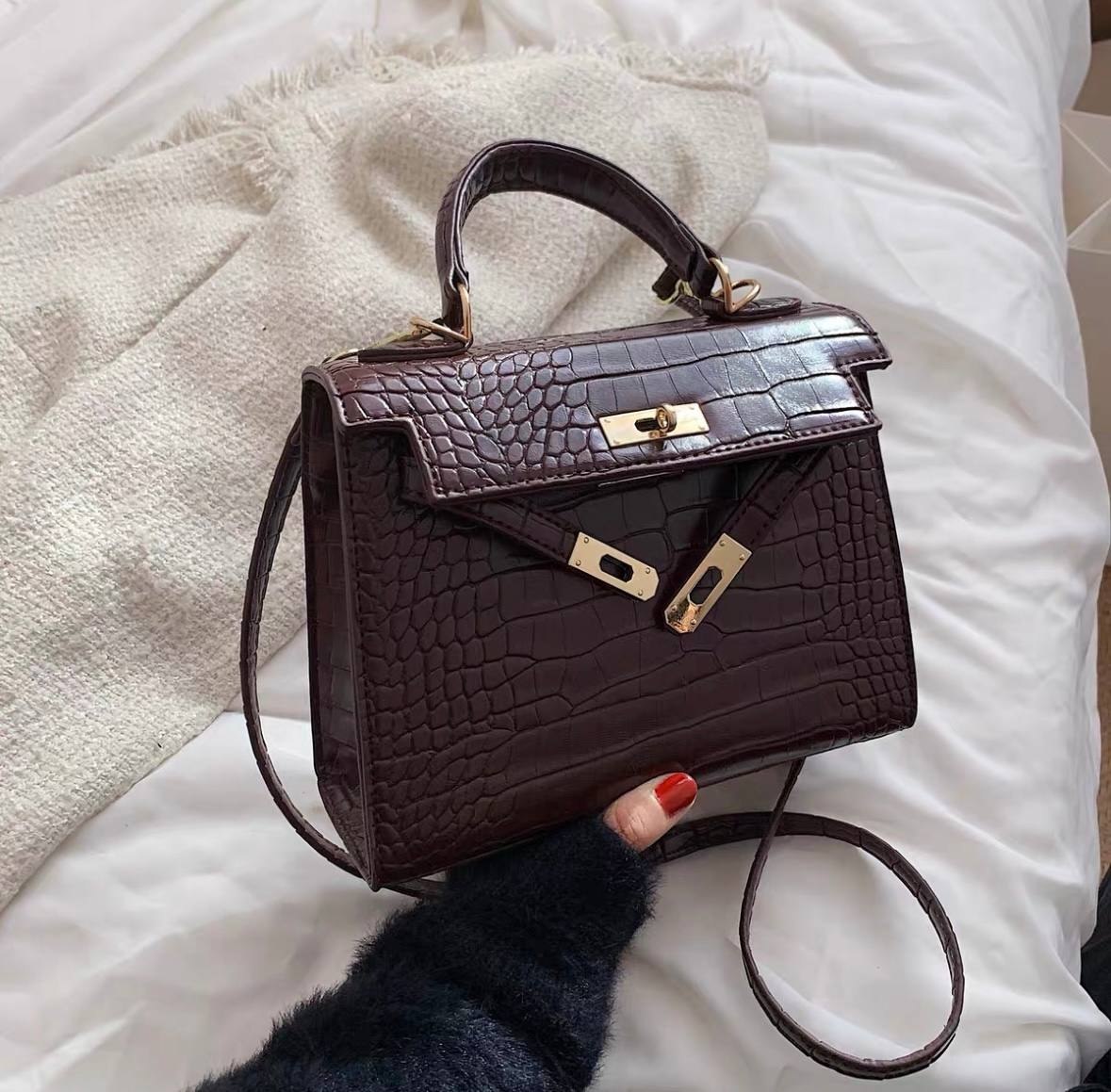Dark brown crocodile embossed Kelly-style handbag